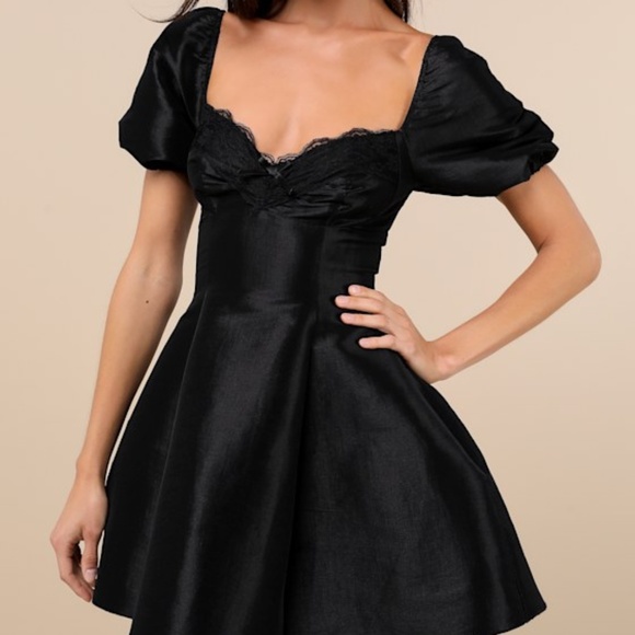 Lulus Enchanting Presence Black Taffeta Lace Puff Sleeve Mini Dress - Size XL - Picture 1 of 5